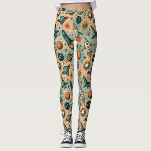 Legging Foguetes Estelares Cósmicos Caprichosos Coral Teal