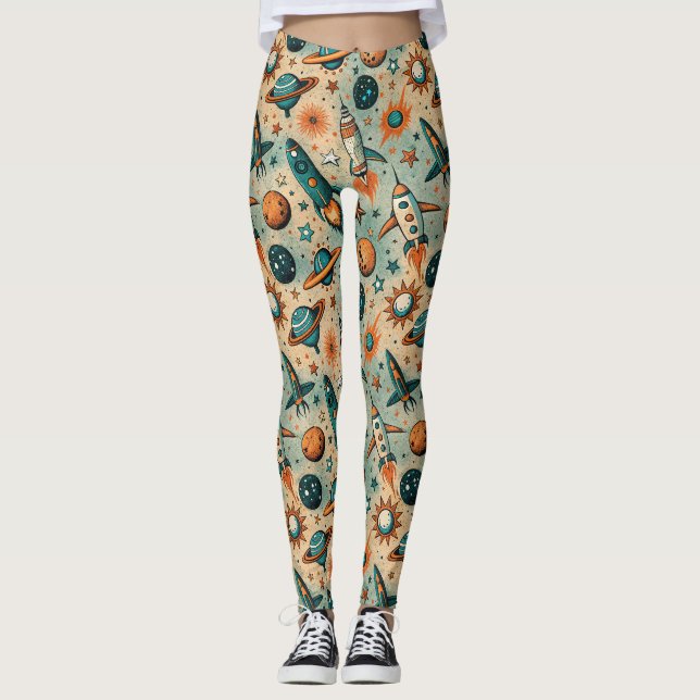 Legging Foguetes Estelares Cósmicos Caprichosos Coral Teal (Frente)