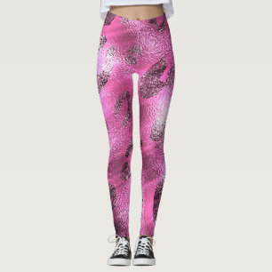 Legging Foil Faux Shiny Olhe Prata e Leopardo Rosa