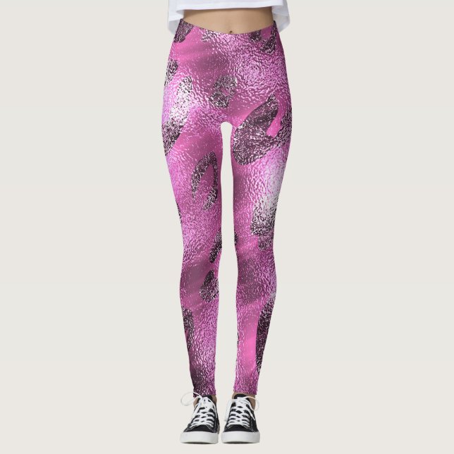 Legging Foil Faux Shiny Olhe Prata e Leopardo Rosa (Frente)