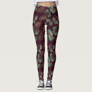 Legging Folha de Ginkgo Elegante em Borgonha e Turquesa