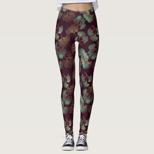 Legging Folha de Ginkgo Elegante em Borgonha e Turquesa (Frente)
