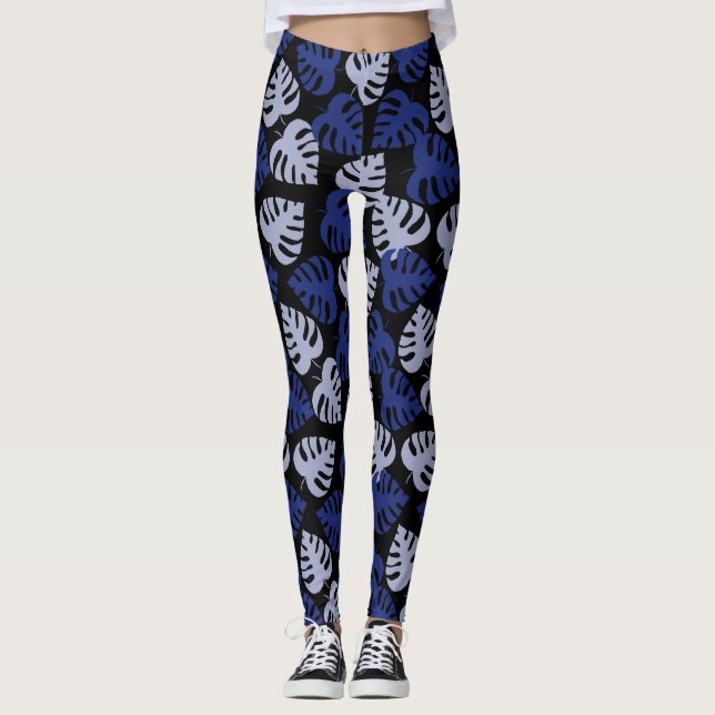 Legging Folha de monstera azul e cinza em preto (Frente)
