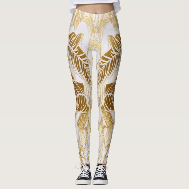 Legging Folha de Monstera de Luxo em Marfim e Dourado (Frente)
