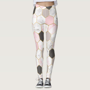 Legging Folha de ouro geométrica, padrão de hexágono mármo
