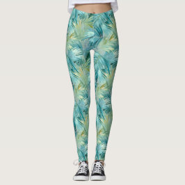 Legging Folha de Palmeira Azul Tropical com Padrão de Aqua