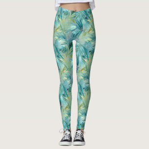Legging Folha de Palmeira Azul Tropical com Padrão de Aqua