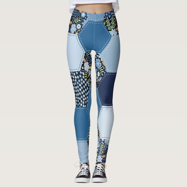 Legging Folha floral, colagem de denim: padrão azul. (Frente)