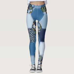 Legging Folha floral, colagem de denim: padrão azul.