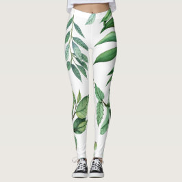 Legging folha floral padrão mulheres verdes brancas menina