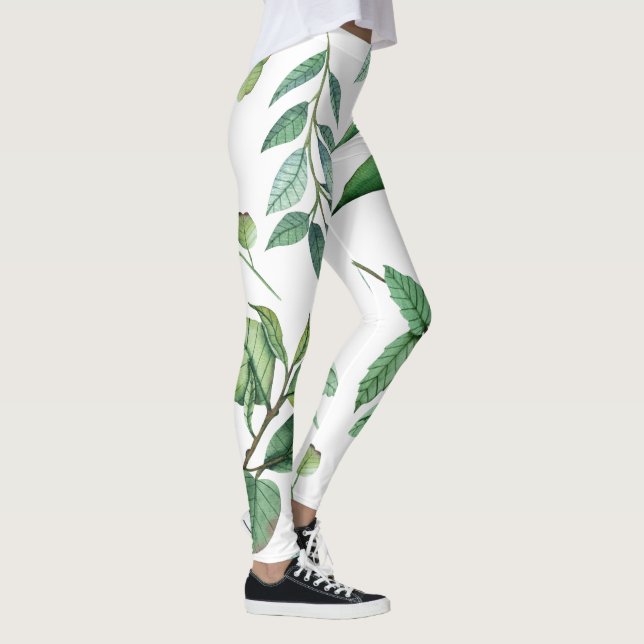 Legging folha floral padrão mulheres verdes brancas menina (Direita)