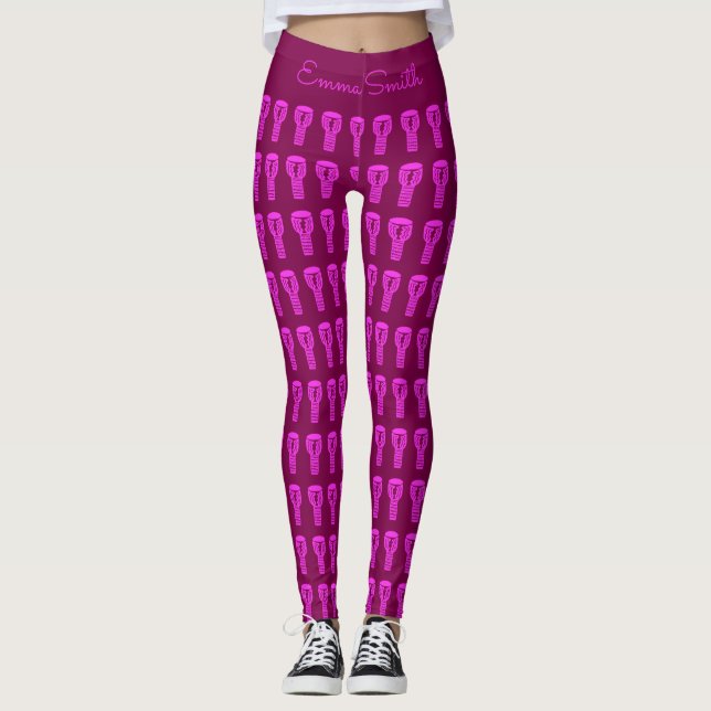 Legging Folha rosa Silhouette Djembe Drum Padrão Roxo (Frente)