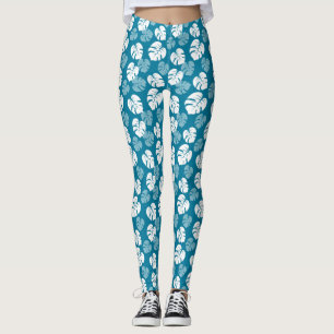 Legging Folha Tropical Monstera Azul Turquesa Branco Flora