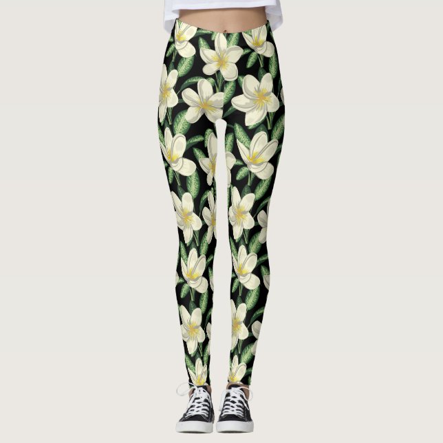 Legging Folha verde de flores brancas de forma contínua tr (Frente)