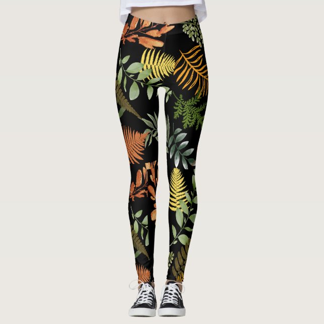 Legging Folhagem Botânica Fern Escura Colorida Impressão (Frente)