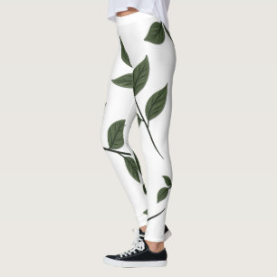 Legging Folhagem com Folhas Verdes em Branco