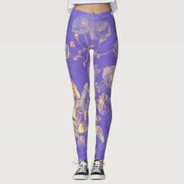Legging Folhagem do Folheto do ouro em Fundo Roxo
