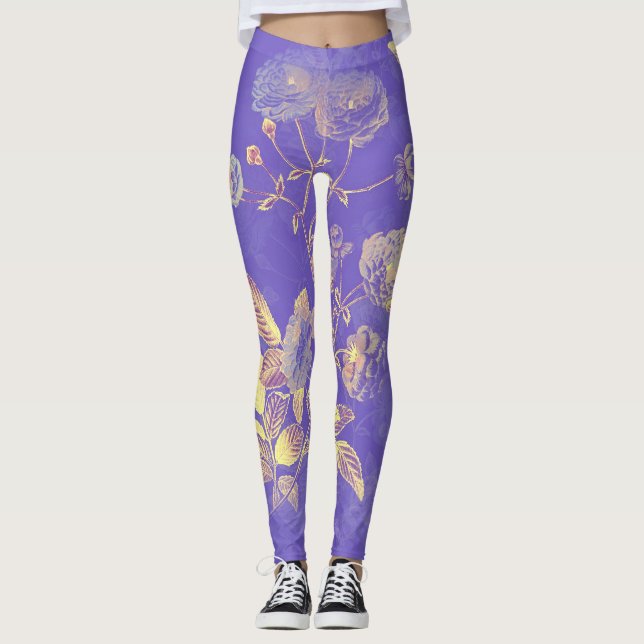 Legging Folhagem do Folheto do ouro em Fundo Roxo (Frente)