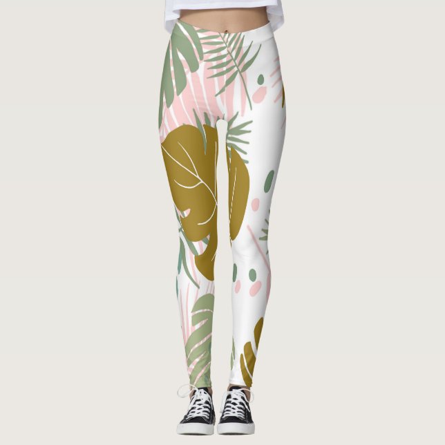 Legging Folhagem Tropical - Padrão De Monstera E Folha De  (Frente)