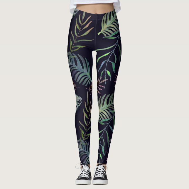 Legging Folhagem verde tropical folha marinho azul (Frente)
