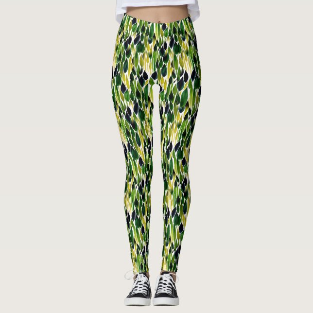 Legging Folhas abstrato verdes e Douradas (Frente)