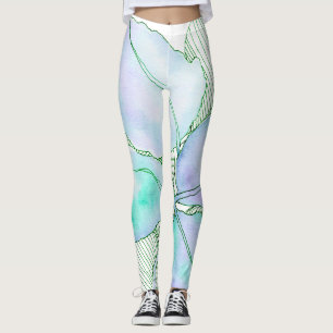 Legging Folhas Botânicas de Aguarela Verde Hortelã Lavanda