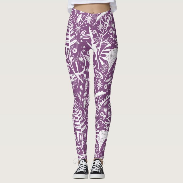 Legging Folhas Botânicas e Flores Roxo (Frente)