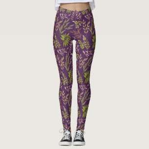 Legging Folhas Botânicas: Um Fundo Roxo Impressionante