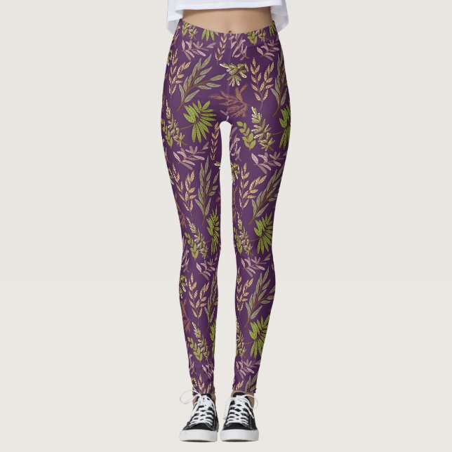 Legging Folhas Botânicas: Um Fundo Roxo Impressionante (Frente)