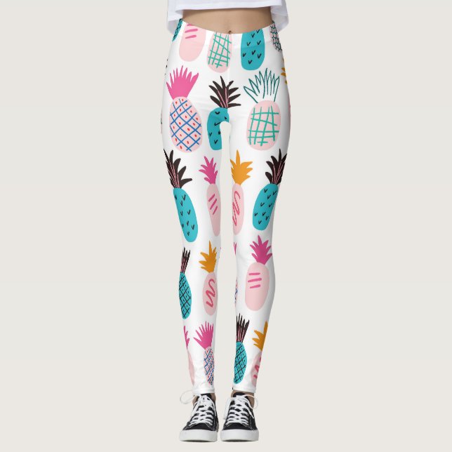 Legging Folhas de abacaxi coloridas, rabisco tropical. (Frente)