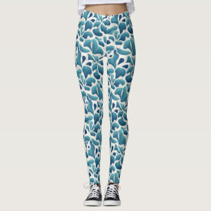 Legging Folhas de Abstrato branco e azul Padrão costeiro