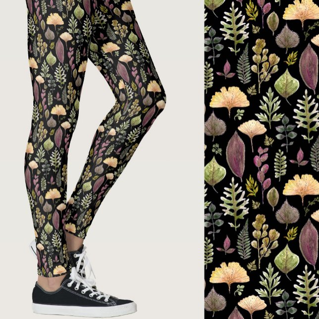 Legging Folhas de aquarela e samambaias floresta outonal p (Criador carregado)