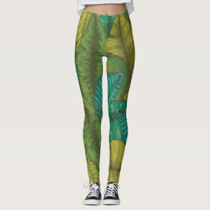Legging Folhas De Banana: Vintage Botânica Desenhada À Mão
