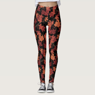 Legging Folhas de bordo de outono vermelho no preto