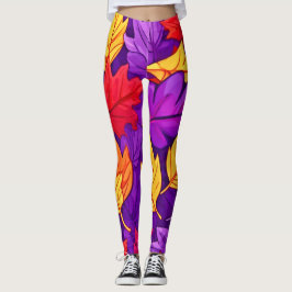 Legging Folhas de Cartoon Vivas: Roxo, Amarelo, Vermelho