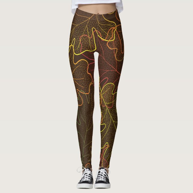 Legging Folhas De Carvalho Transparentes, Padrão De Outono (Frente)