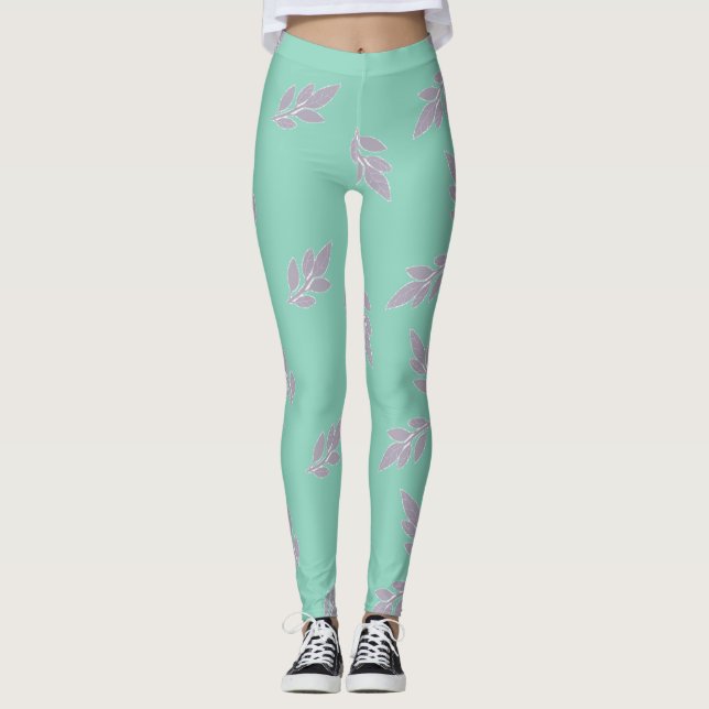 Legging Folhas de cinza em leggetes verdes (Frente)