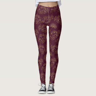 Legging Folhas de Ginkgo Douradas Luxuosas em Burgundy Pro