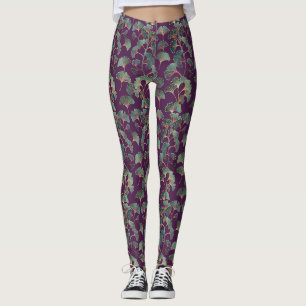 Legging Folhas de Ginkgo Tael de Luxo em Roxo Fundo (1)