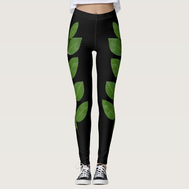 Legging Folhas de Louro Verdes Modernas em Preto (Frente)