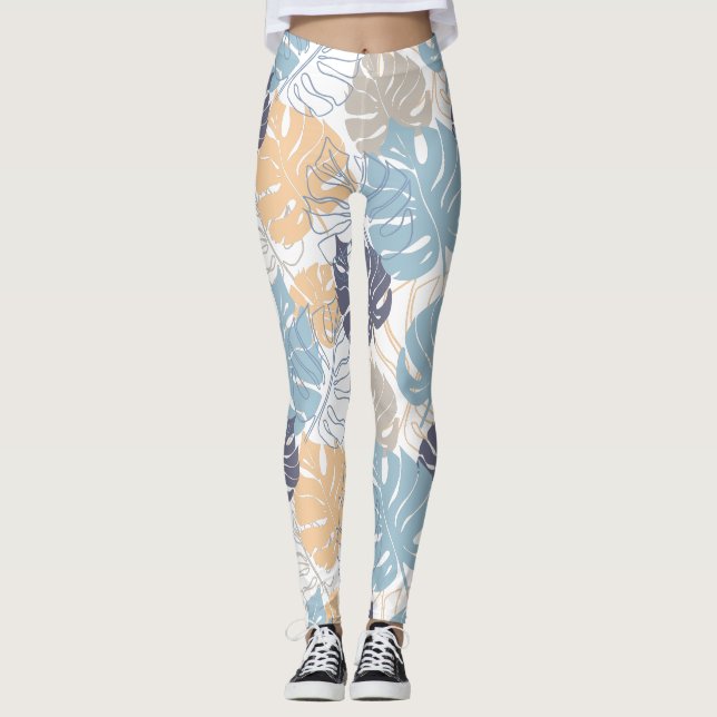 Legging Folhas de monstera azul e amarelo impressas  (Frente)