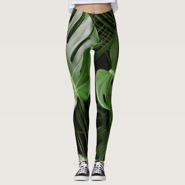 Legging Folhas de Monstera, layout tropical de luxo. (Frente)