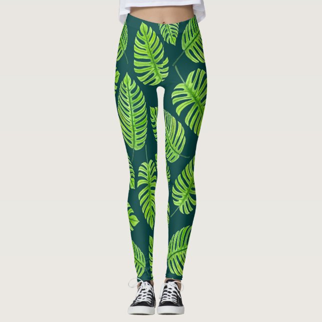 Legging Folhas de Monstera, padrão de aquarela tropical (Frente)
