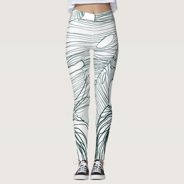 Legging folhas de monstera verde-escura e lírios contorno (Frente)