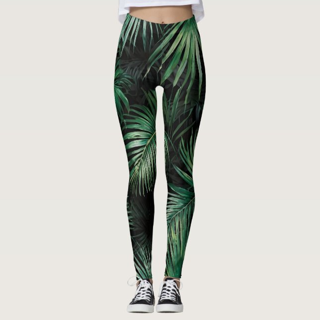 Legging Folhas de Palm de Aquarela Preta e Verde (Frente)