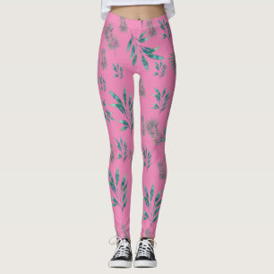 Legging Folhas de Palm de Aquarela Rosa e Verde