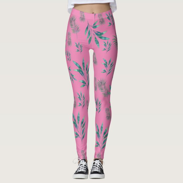 Legging Folhas de Palm de Aquarela Rosa e Verde (Frente)
