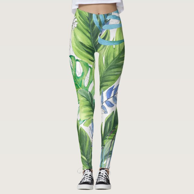 Legging Folhas de palma de aquarelas, fundo sem soldadura  (Frente)