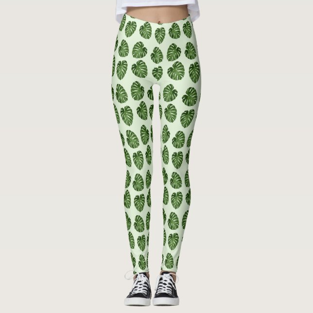 Legging Folhas de Palma, Folhas Verdes, Padrão Tropical (Frente)
