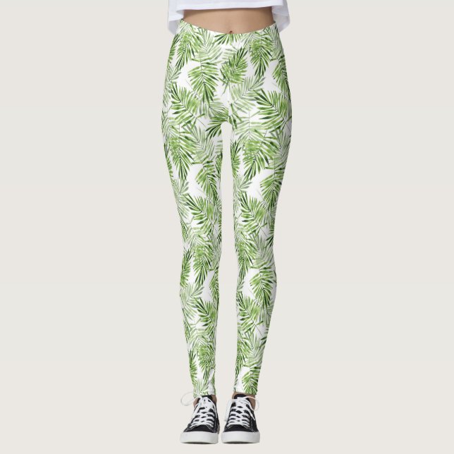 Legging Folhas de palma verdes. Padrão de Aquarela (Frente)